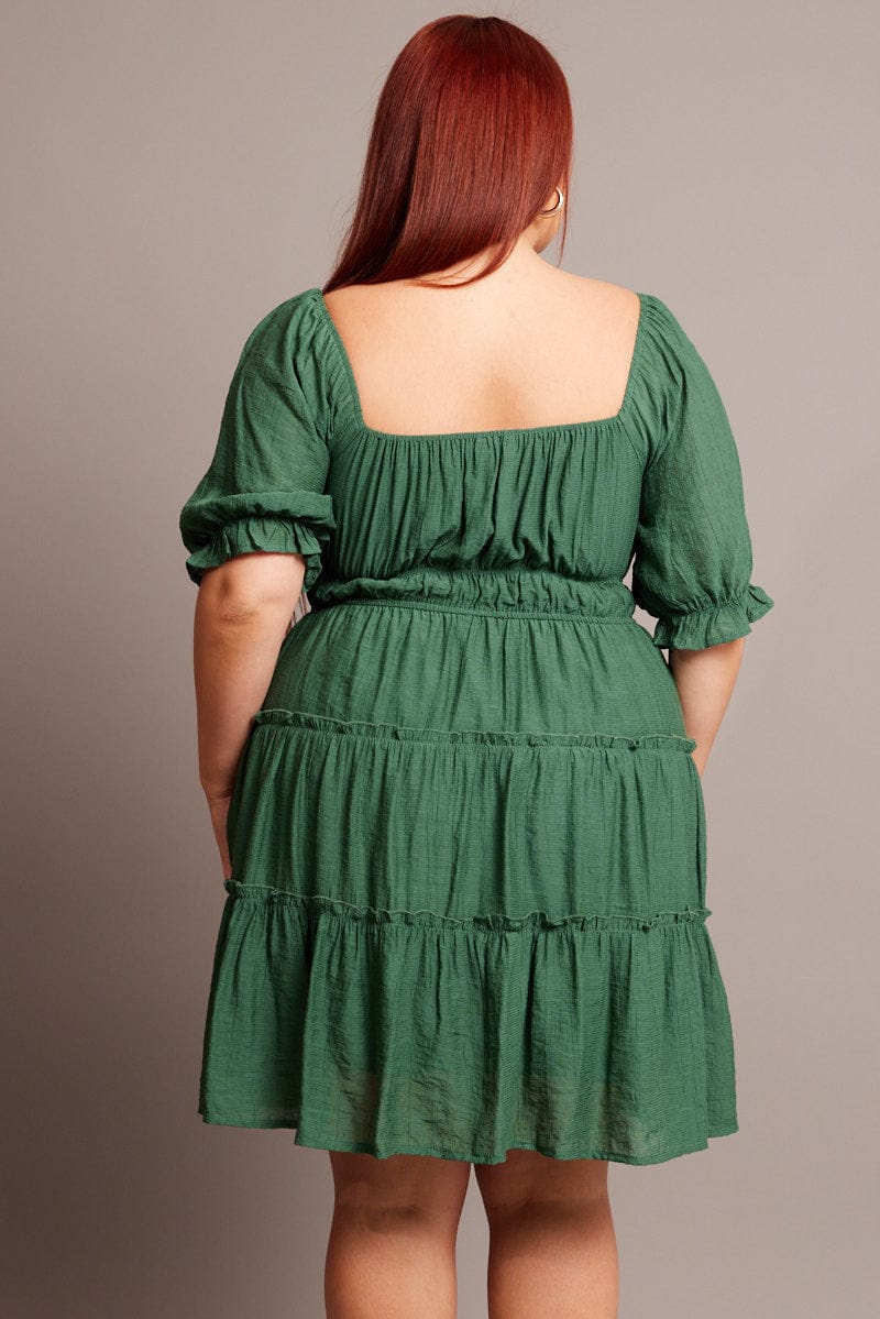 Green Mini Dress With Elastic Waist And Frill Skirt - Image 5