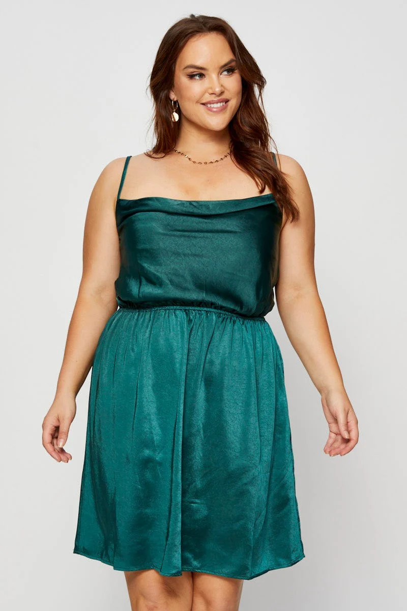 Green Mini Satin Dress Cowl Neck Sleeveless - Image 3