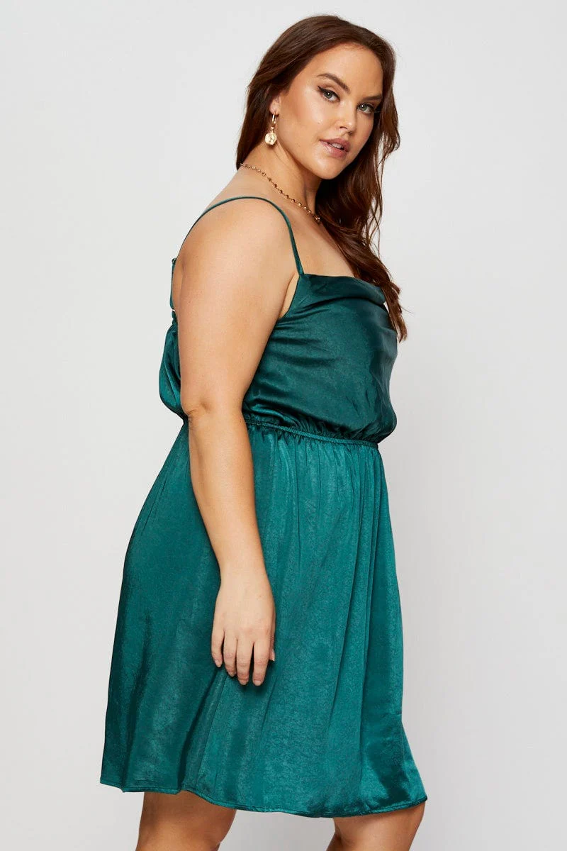 Green Mini Satin Dress Cowl Neck Sleeveless - Image 4