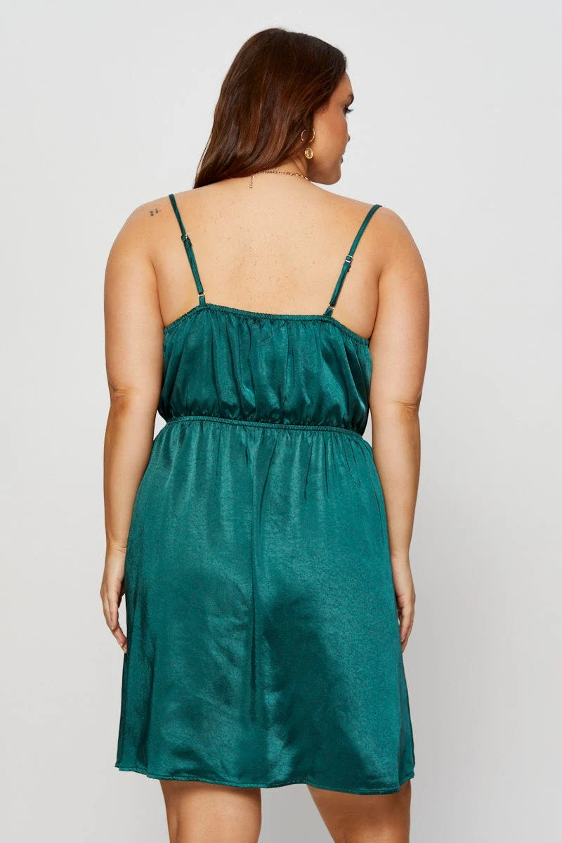 Green Mini Satin Dress Cowl Neck Sleeveless - Image 5