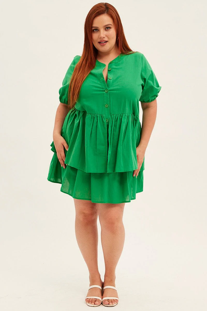 Green Mini Shirtdress Frill Layer Cotton Linen Blend - Image 2