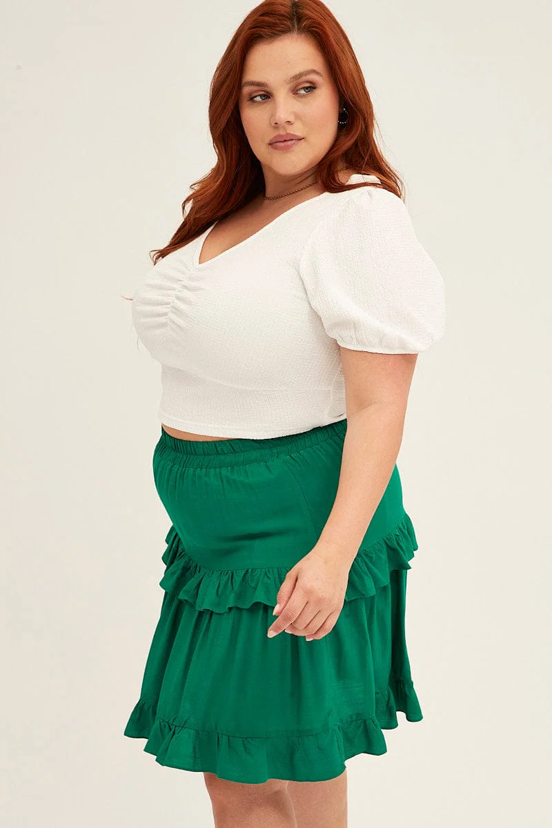 Green Mini Skirt Elastic Waist Frill Detail - Image 4