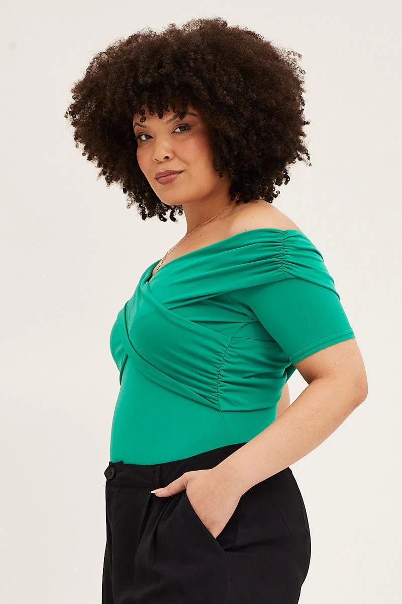 Green Off Shoulder Jersey Wrap Bodysuit - Image 4