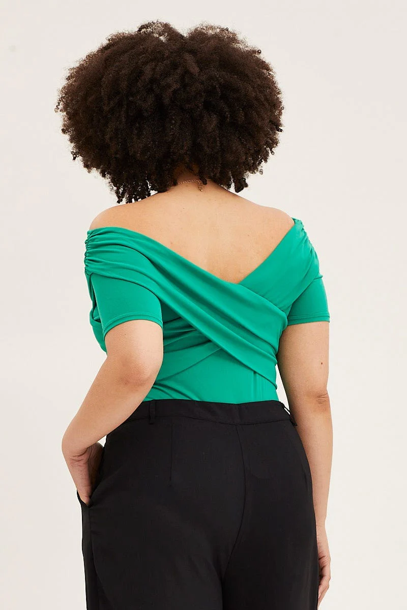 Green Off Shoulder Jersey Wrap Bodysuit - Image 5
