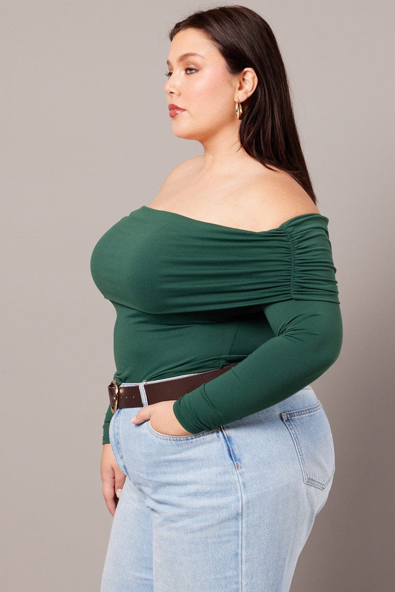 Green Off Shoulder Top Long Sleeve Supersoft - Image 4