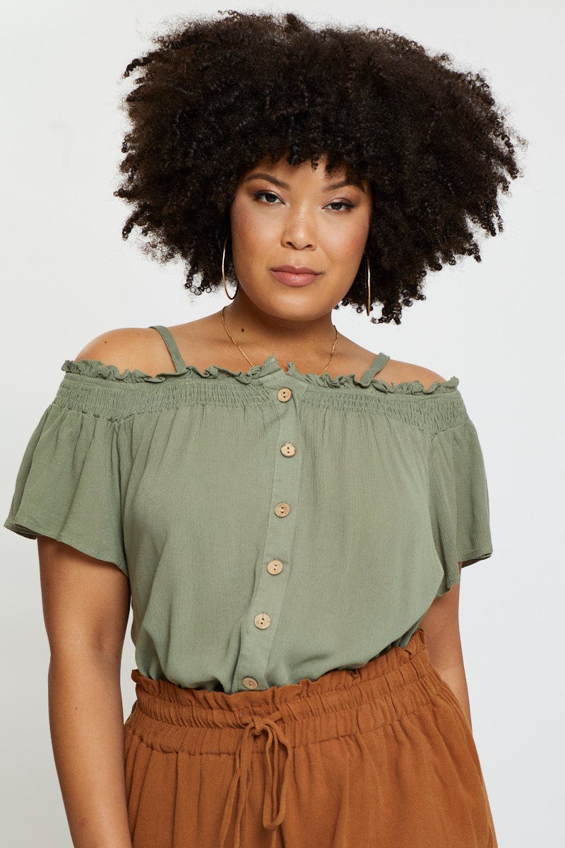 Green Off Shoulder Top Peach Short Sleeve Button Front - Image 3
