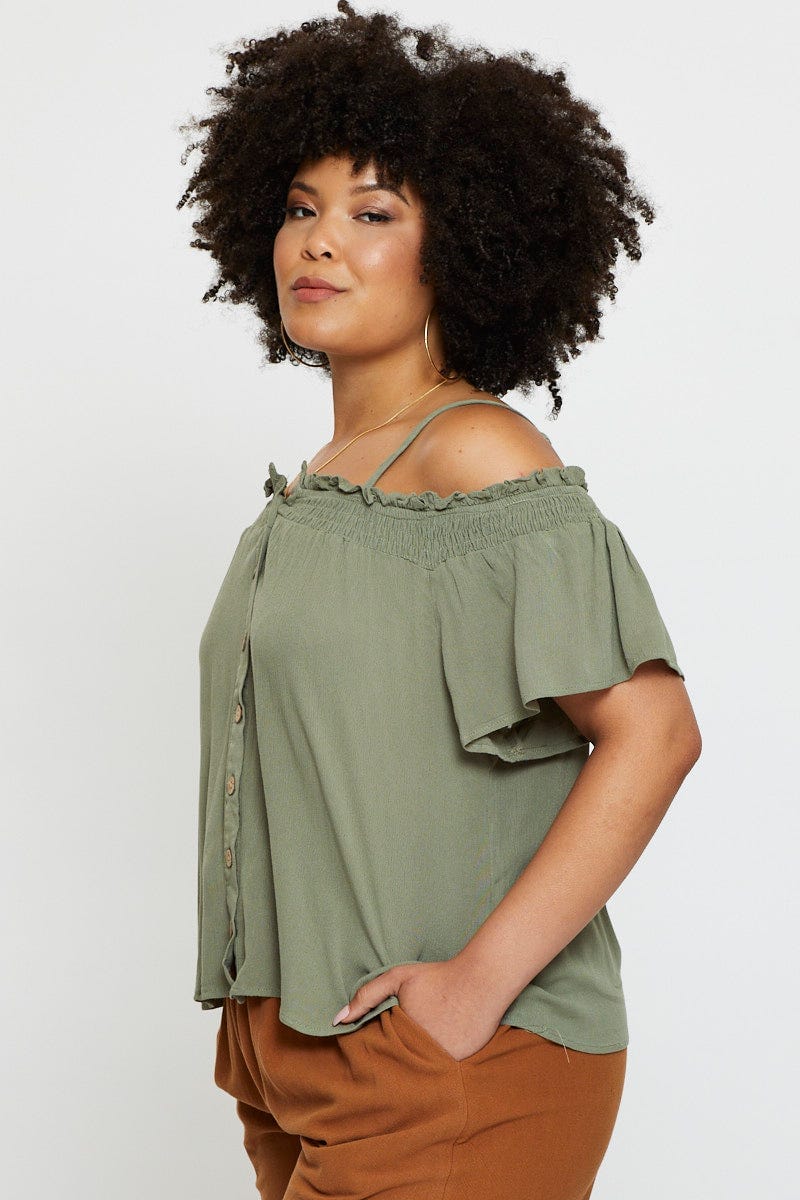 Green Off Shoulder Top Peach Short Sleeve Button Front - Image 4