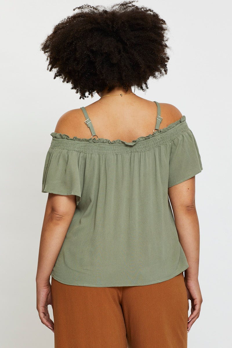 Green Off Shoulder Top Peach Short Sleeve Button Front - Image 5