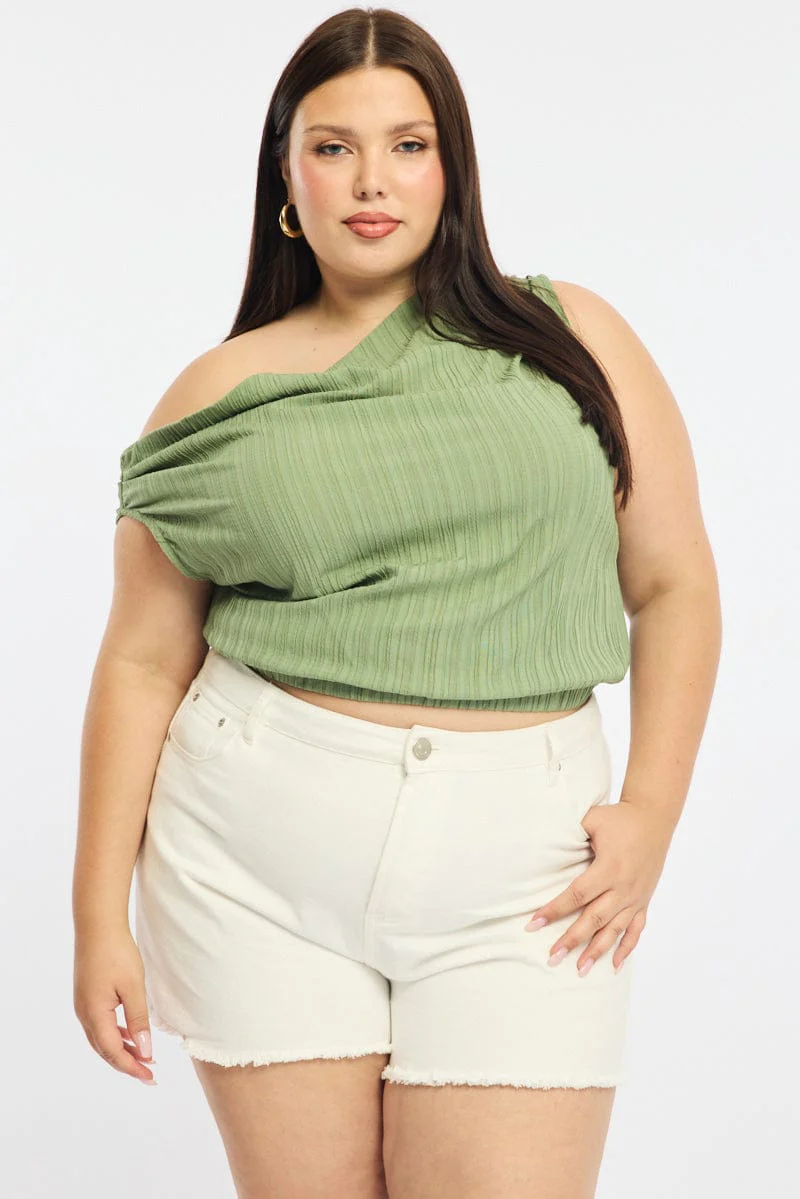 Green Off Shoulder Top Sleeveless Textured