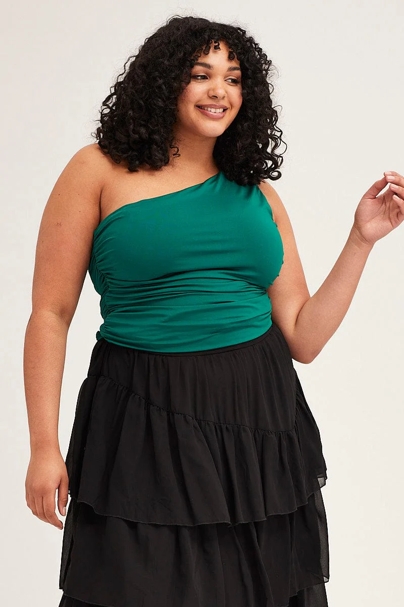 Green One Shoulder Top Ruched Jersey - Image 3
