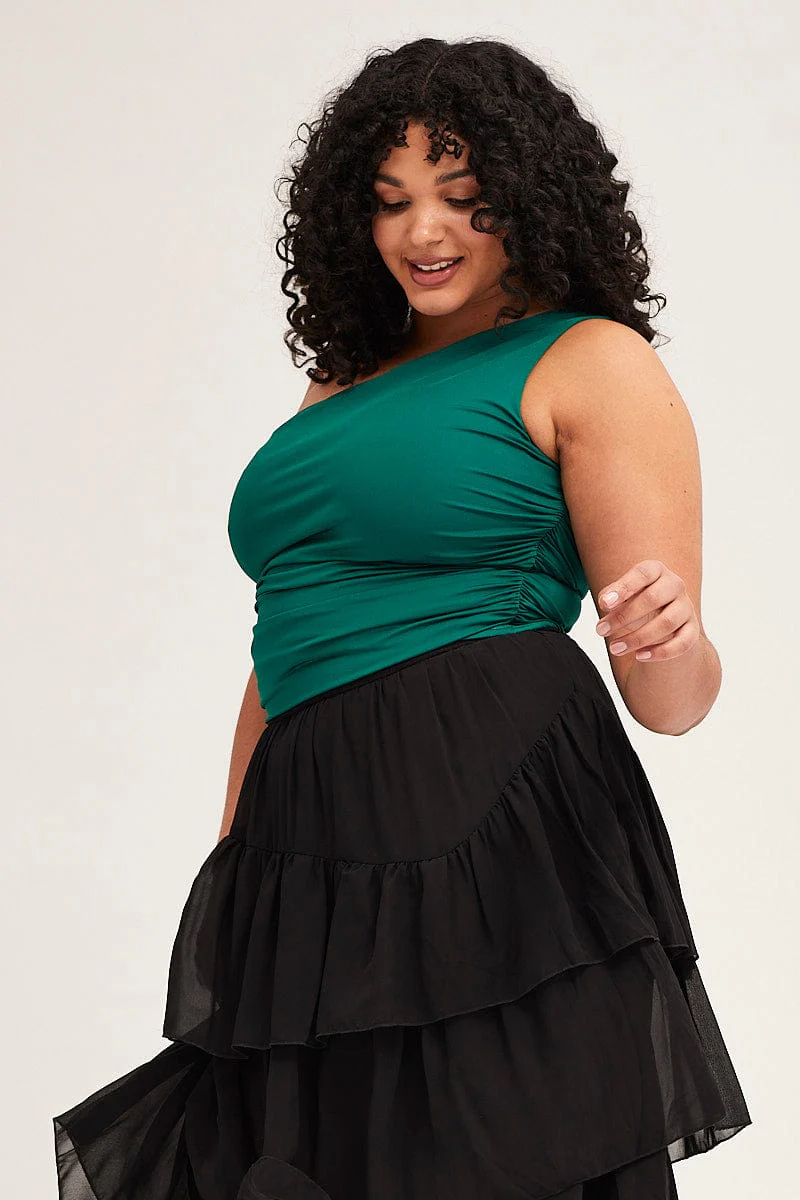 Green One Shoulder Top Ruched Jersey - Image 4