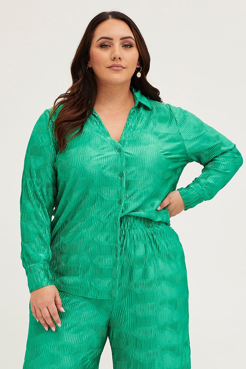 Green Oversized Shirt Plisse Long Sleeve - Image 3