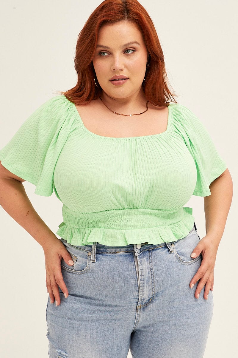 Green Peasant Top Short Sleeve Shirred Jersey - Image 3