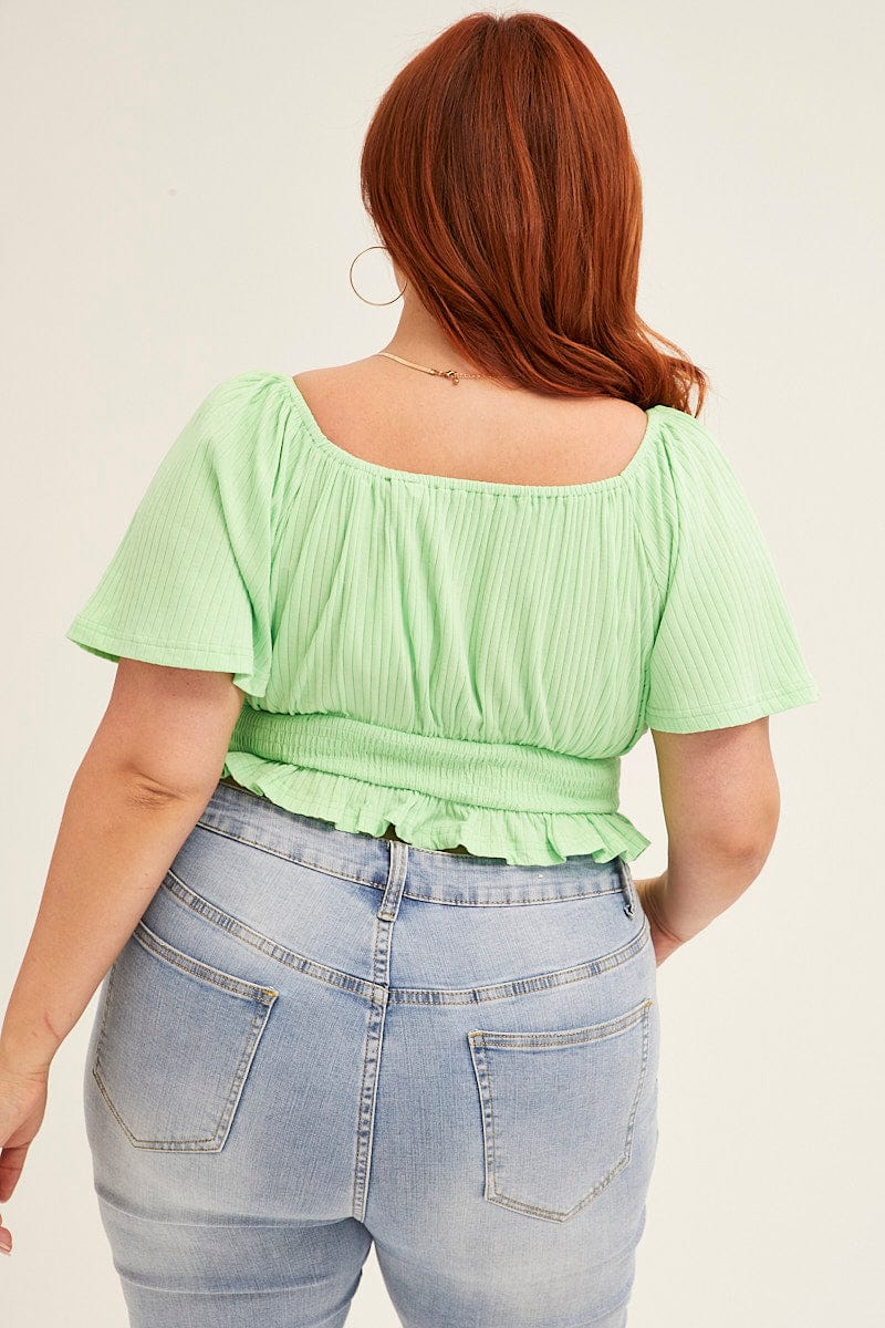 Green Peasant Top Short Sleeve Shirred Jersey - Image 5
