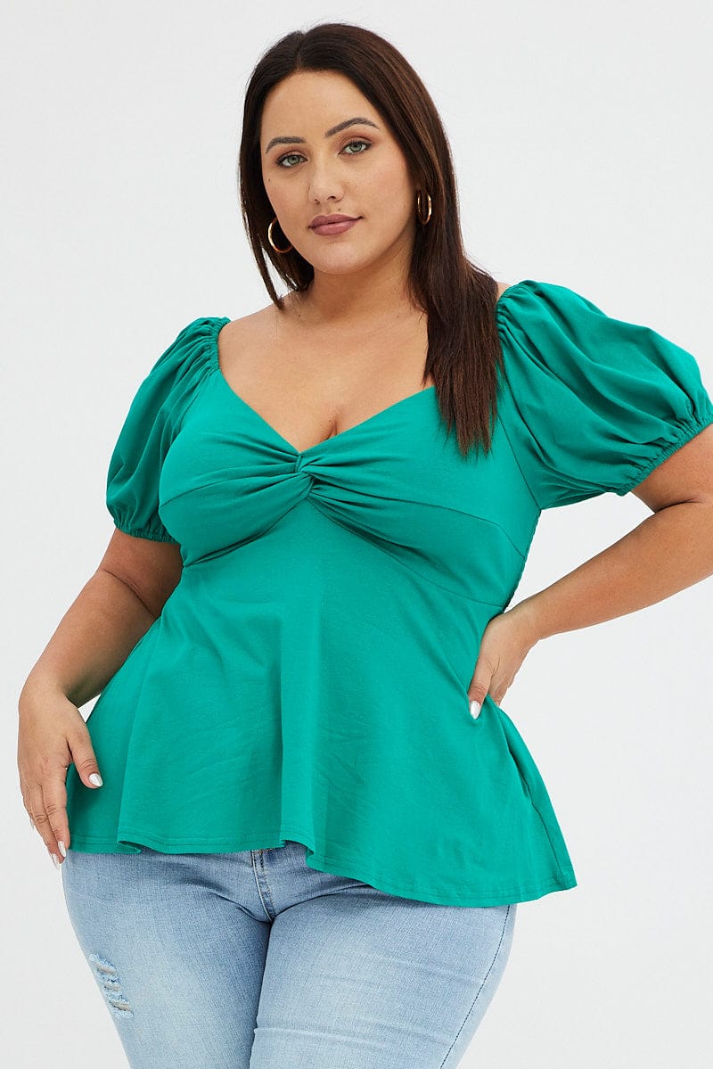 Green Peplum Top Short Sleeve Sweetheart Neck