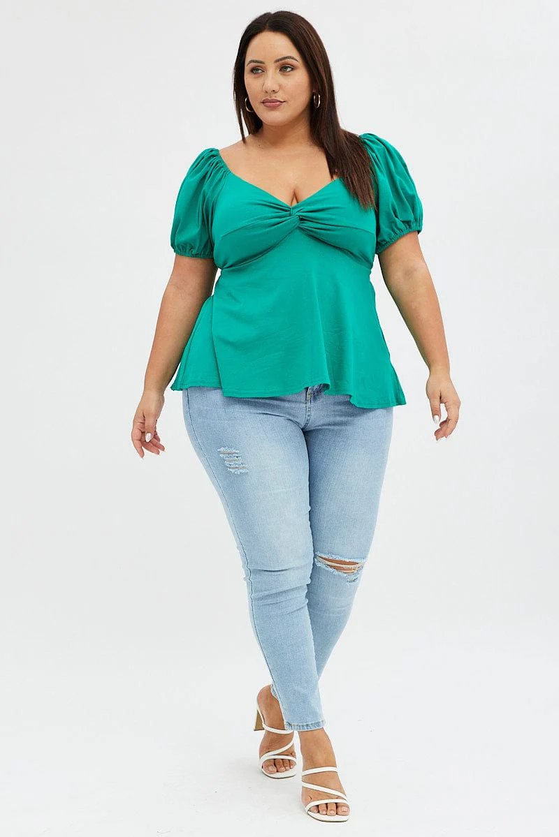 Green Peplum Top Short Sleeve Sweetheart Neck - Image 2