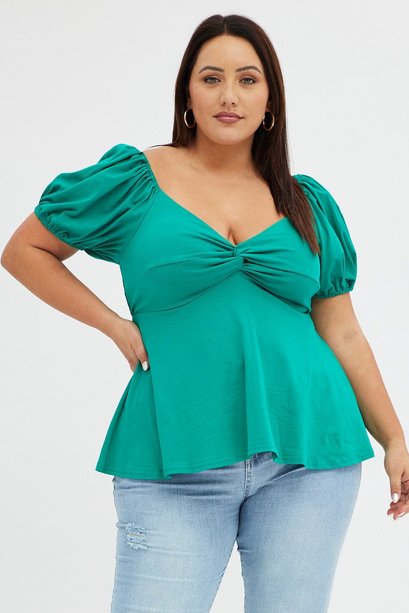 Green Peplum Top Short Sleeve Sweetheart Neck - Image 3