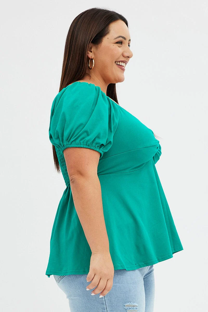 Green Peplum Top Short Sleeve Sweetheart Neck - Image 4