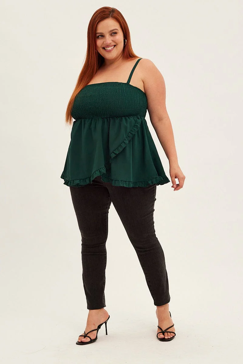 Green Peplum Top Sleeveless Shirred - Image 2