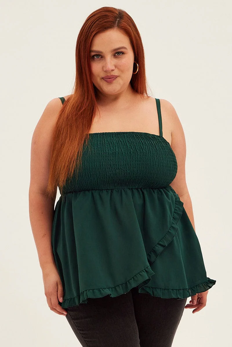 Green Peplum Top Sleeveless Shirred - Image 3