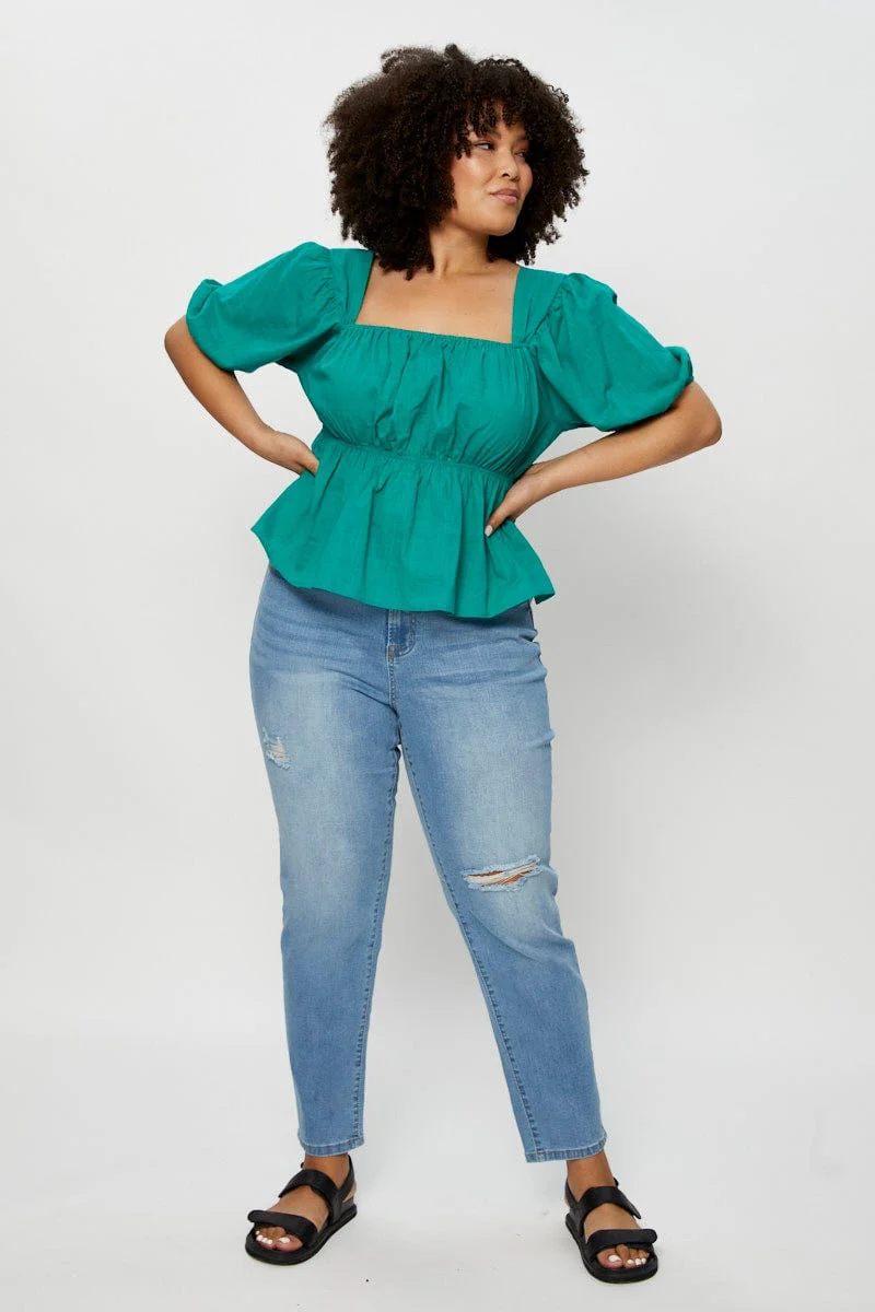 Green Peplum Top Square Neck Short Sleeve - Image 2
