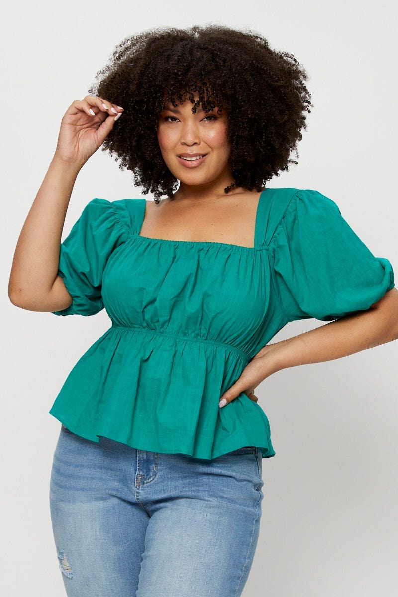 Green Peplum Top Square Neck Short Sleeve - Image 3
