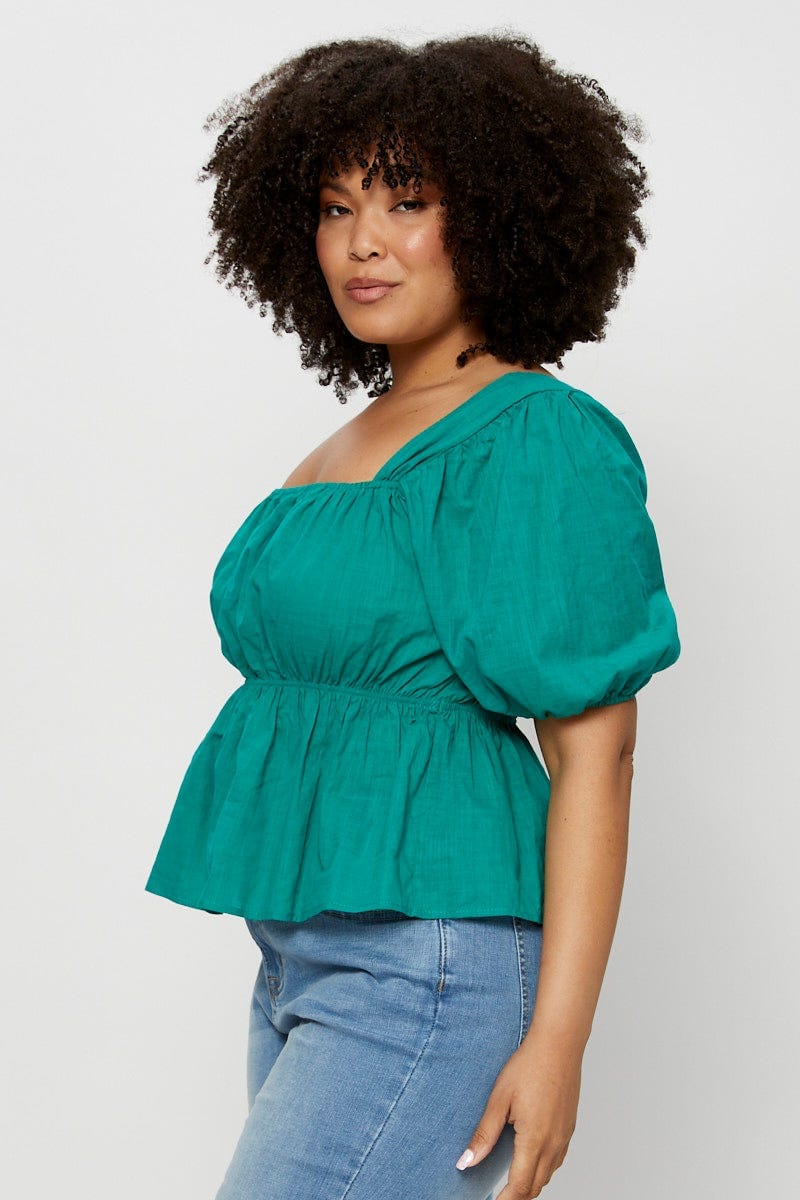 Green Peplum Top Square Neck Short Sleeve - Image 4