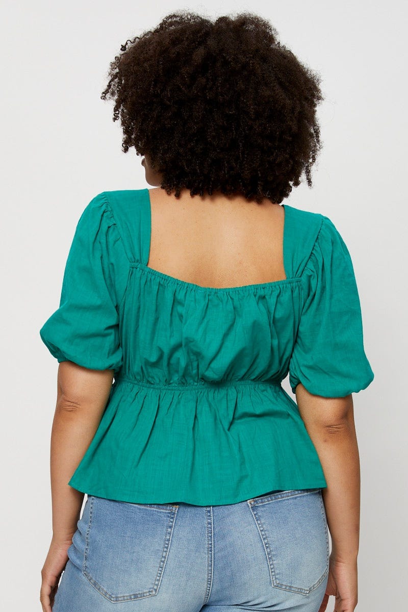 Green Peplum Top Square Neck Short Sleeve - Image 5