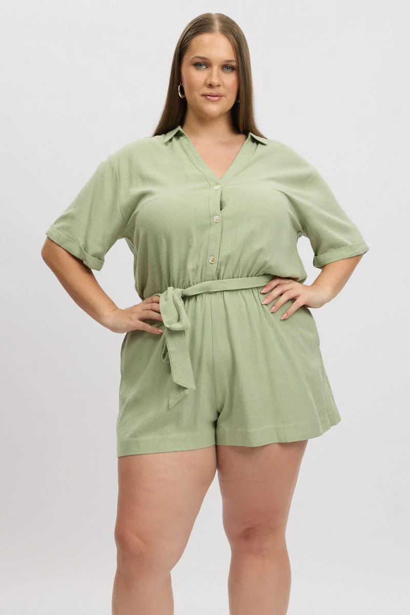 Green Playsuit Short Sleeve Linen Blend - Image 3