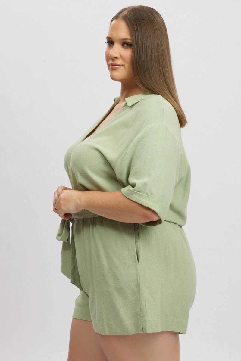 Green Playsuit Short Sleeve Linen Blend - Image 4