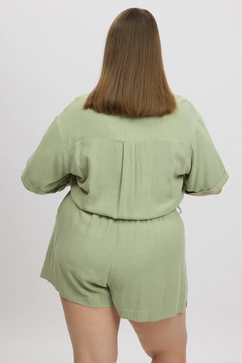 Green Playsuit Short Sleeve Linen Blend - Image 5