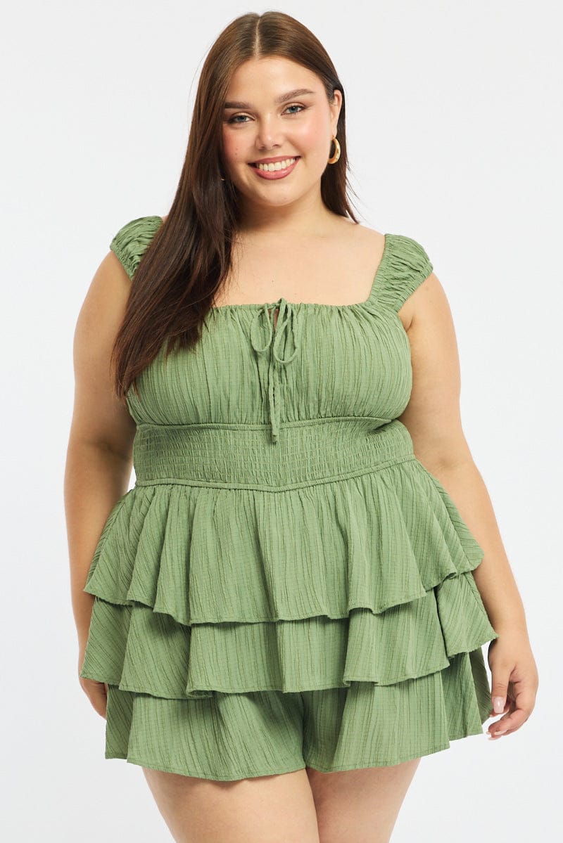 Green Playsuit Short Sleeve Ruffled
