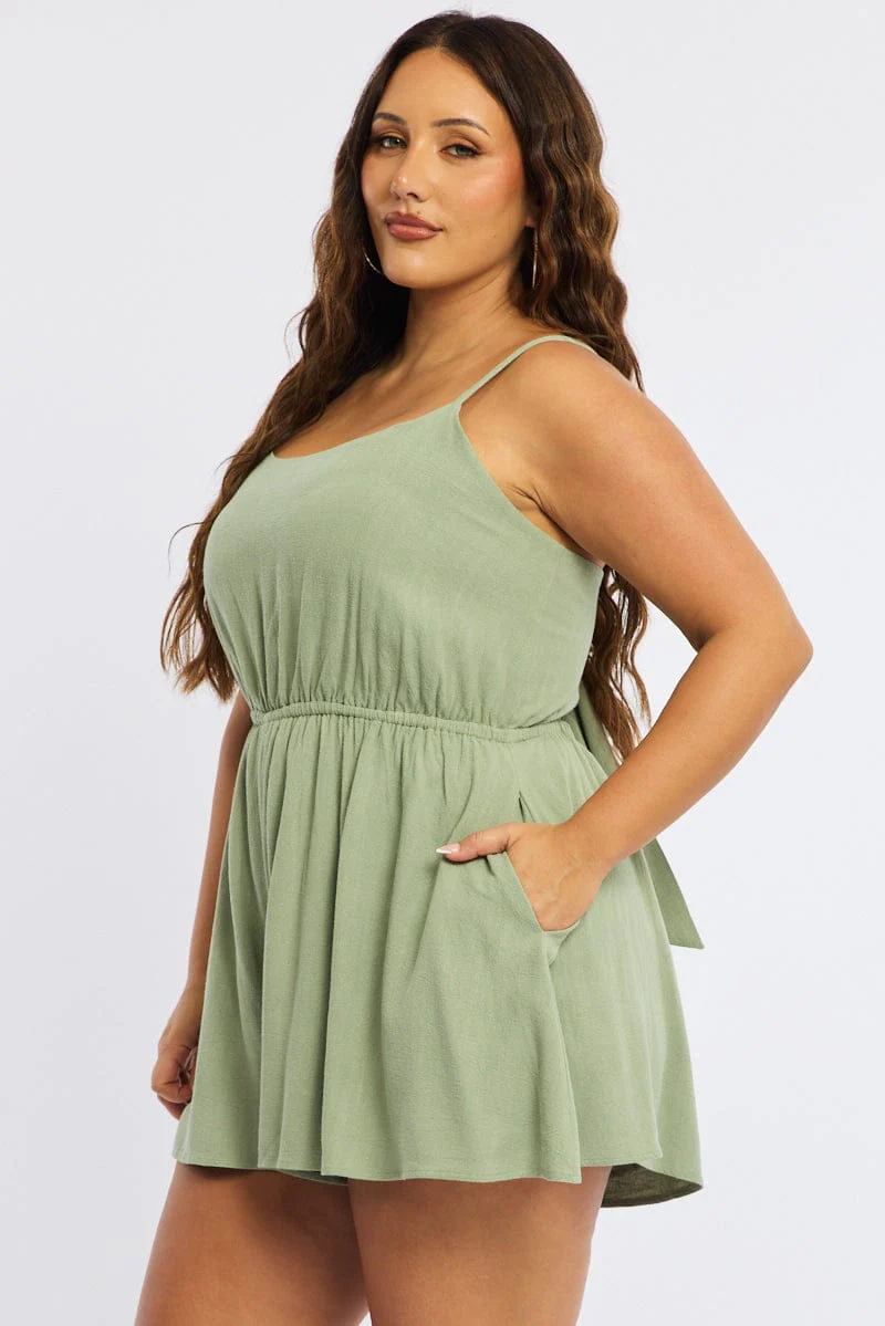 Green Playsuit Sleeveless Tie Back - Image 3