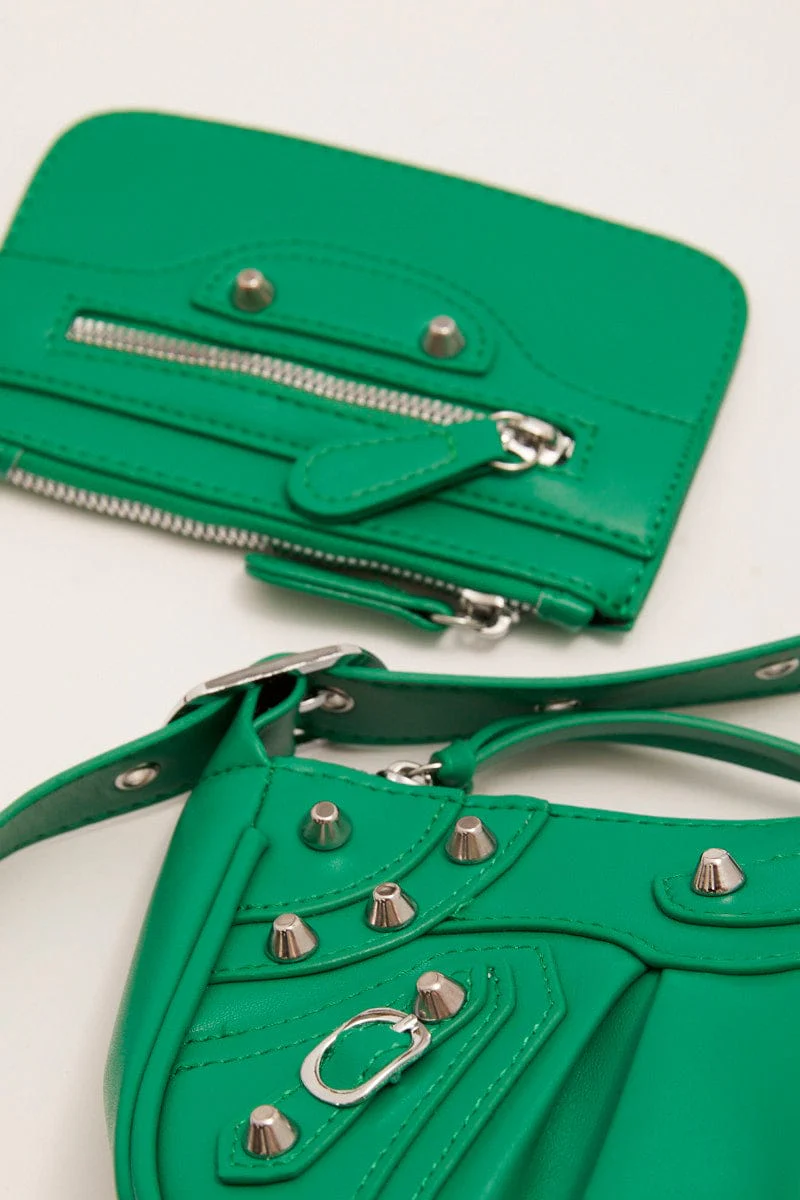 Green Pleated Crescent Shoulder Bag With Stud Decor - Image 2