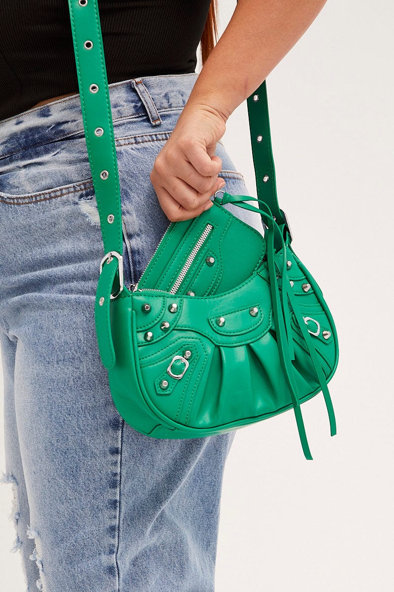 Green Pleated Crescent Shoulder Bag With Stud Decor - Image 3