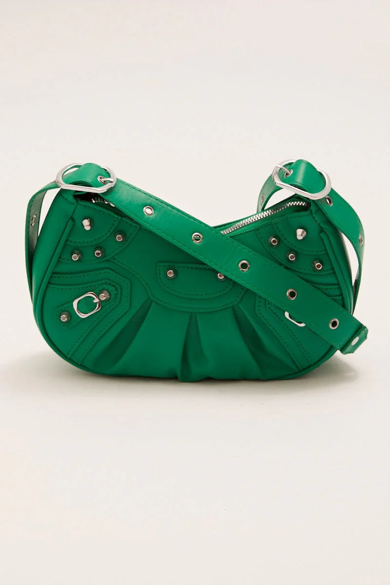 Green Pleated Crescent Shoulder Bag With Stud Decor - Image 4