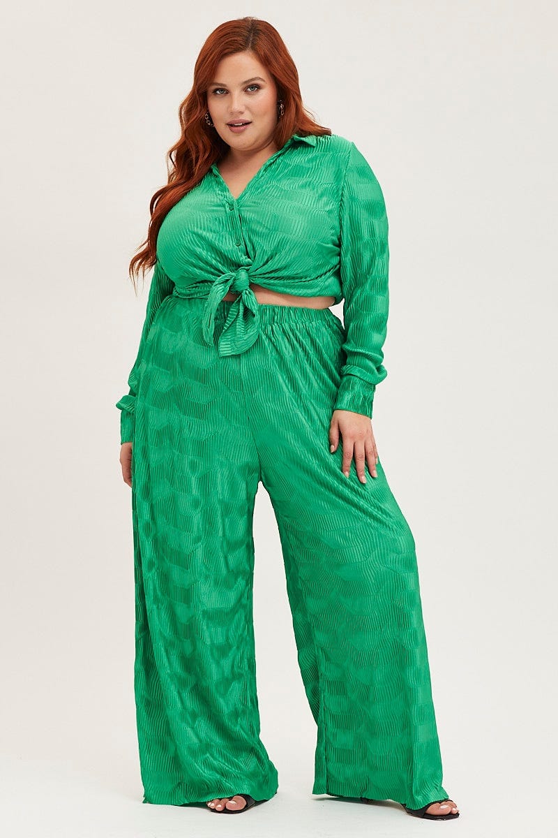 Green Plisse Pants Wide Leg High Rise - Image 3