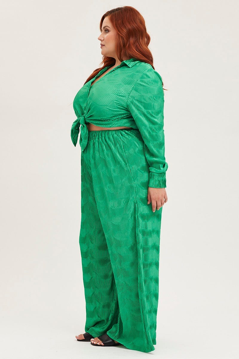 Green Plisse Pants Wide Leg High Rise - Image 4