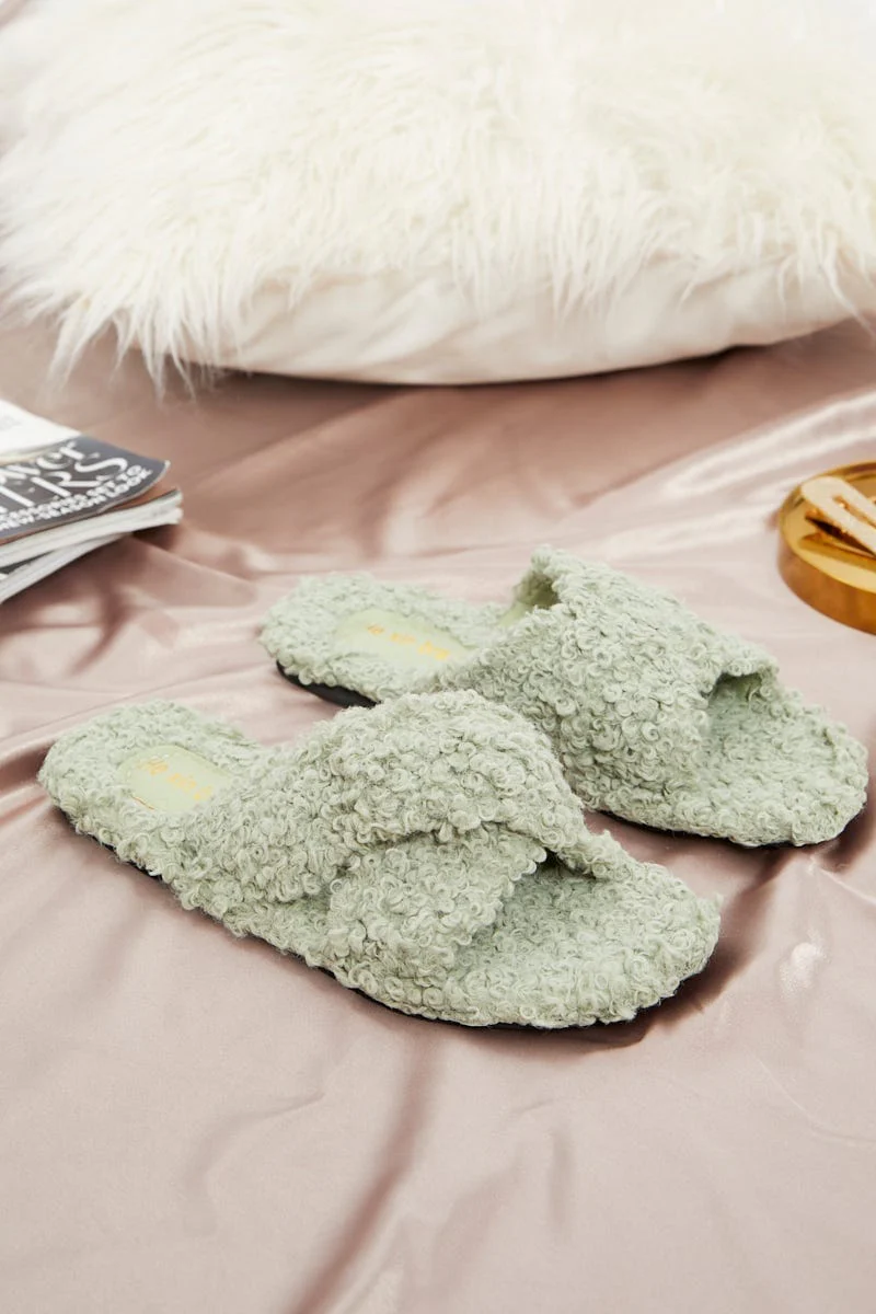 Green Plus Borg Fluffy Teddy Crossover Slider Slippers - Image 2