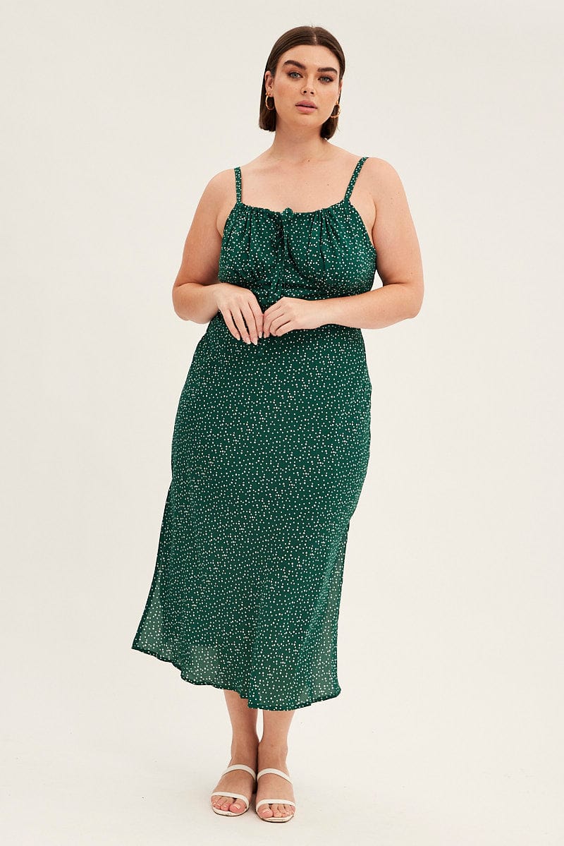 Green Polka Dot Midi Dress Sleeveless Ruched Bust - Image 3