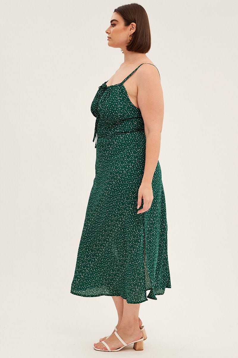 Green Polka Dot Midi Dress Sleeveless Ruched Bust - Image 4
