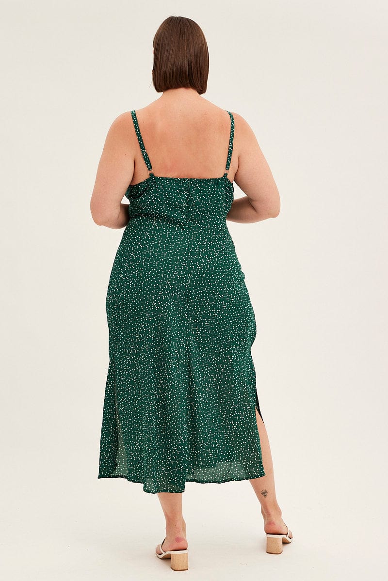 Green Polka Dot Midi Dress Sleeveless Ruched Bust - Image 5