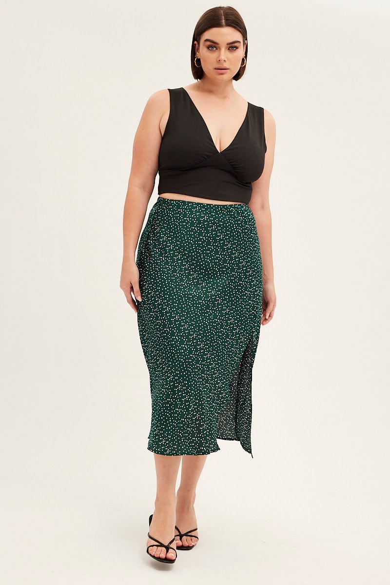 Green Polka Dot Midi Skirt Split Slip Satin