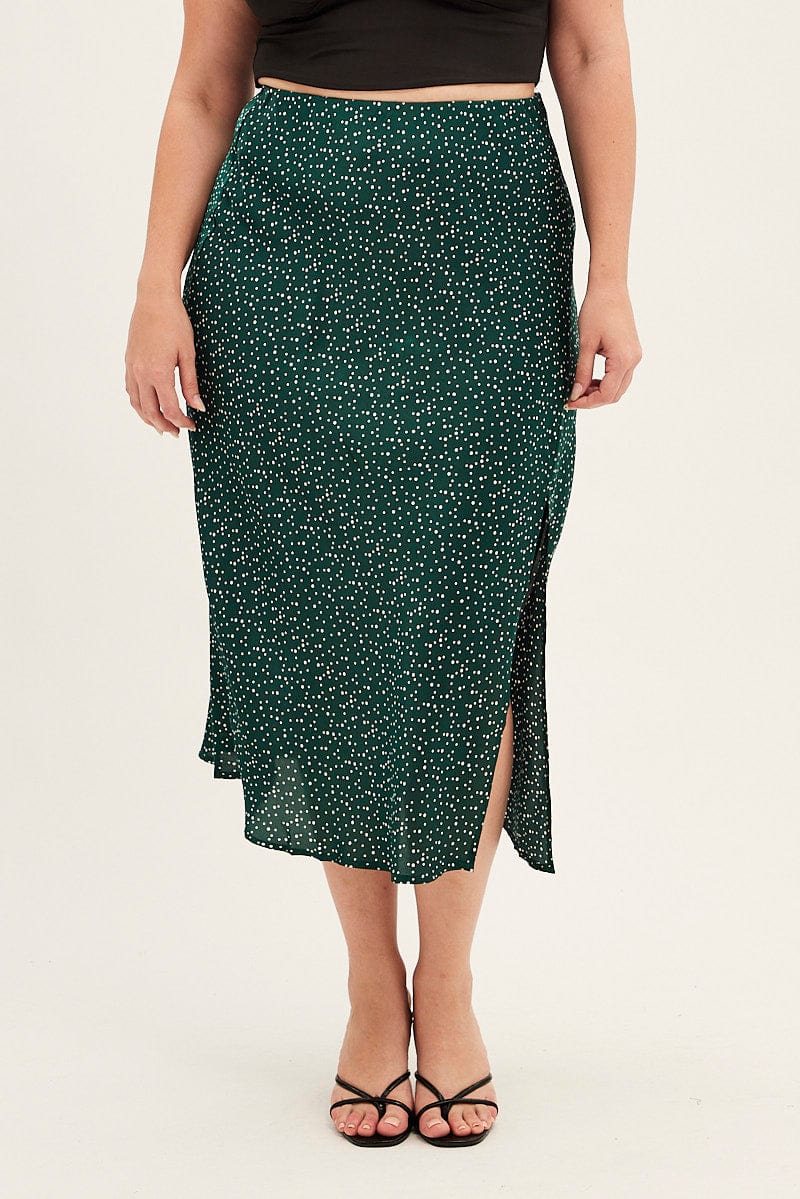 Green Polka Dot Midi Skirt Split Slip Satin - Image 2