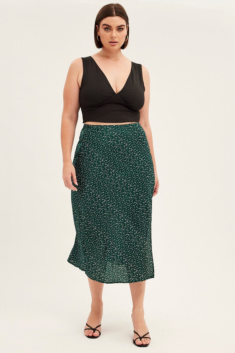 Green Polka Dot Midi Skirt Split Slip Satin - Image 3