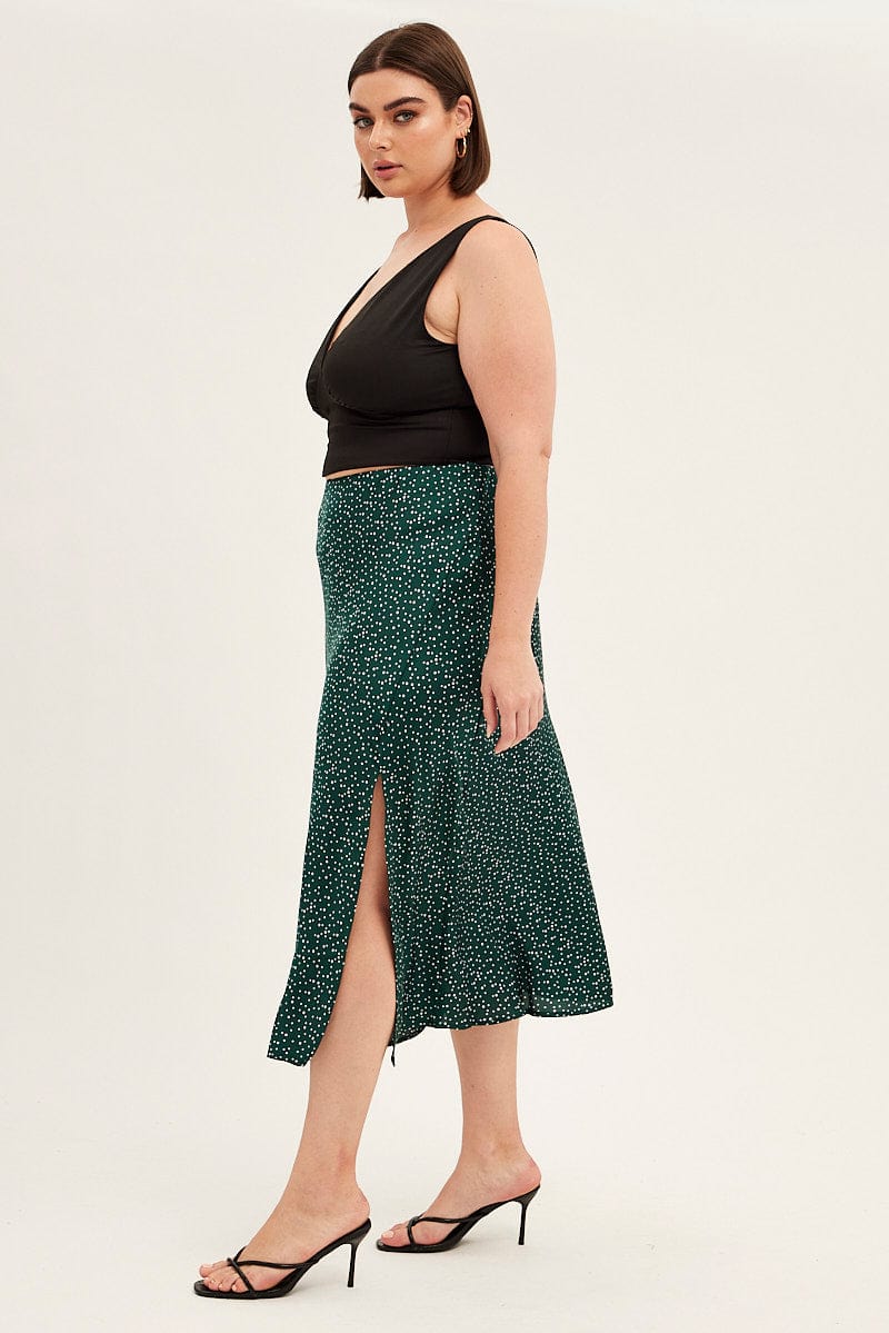 Green Polka Dot Midi Skirt Split Slip Satin - Image 4