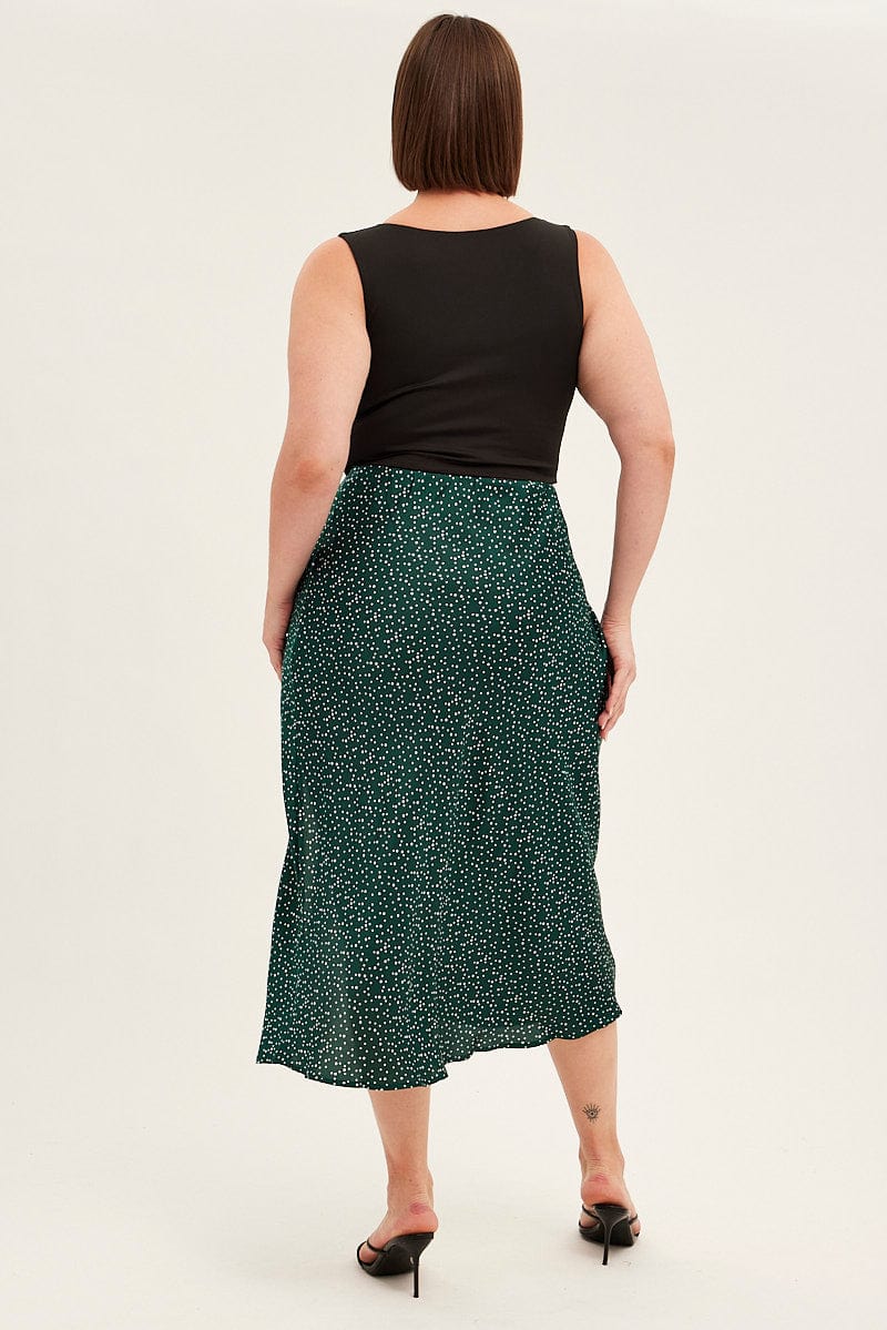 Green Polka Dot Midi Skirt Split Slip Satin - Image 5