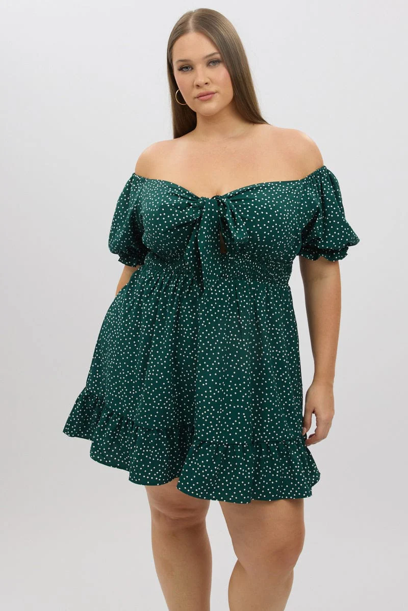 Green Polka Dot Tie Front Shirred Waist Frill Minidress - Image 3