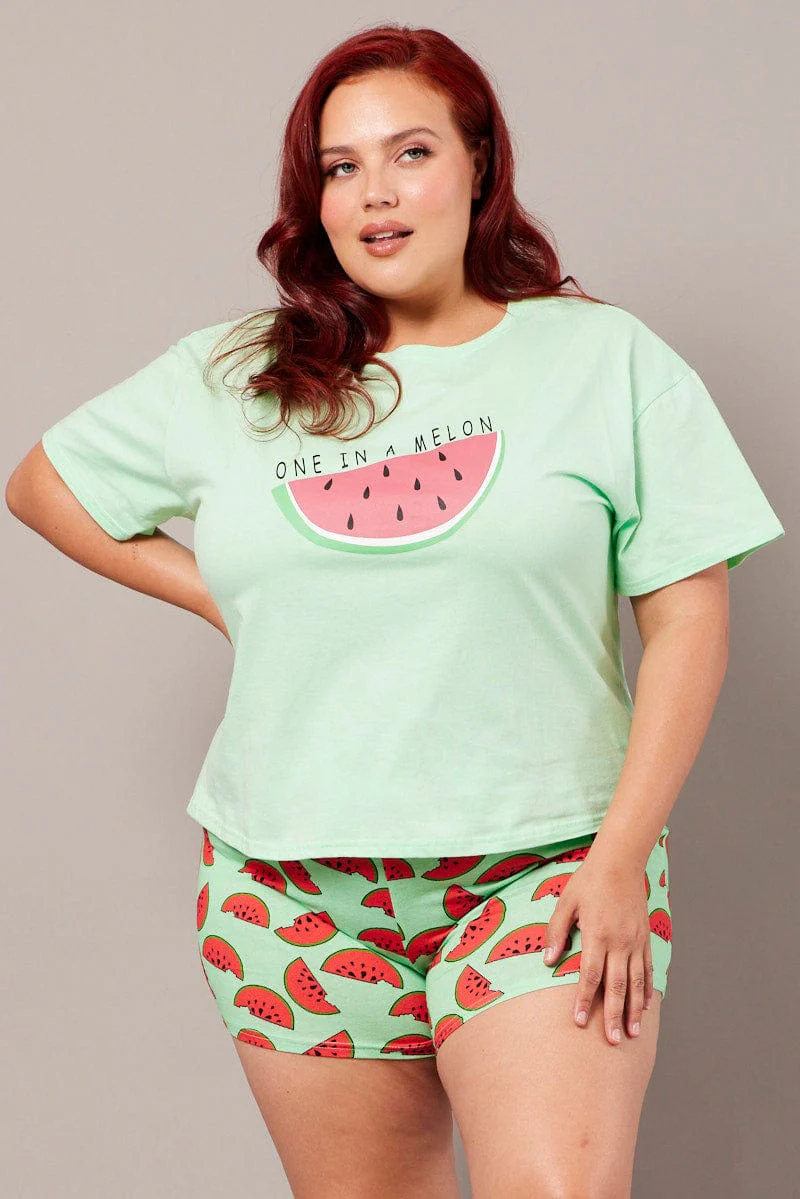 Green Print Graphic Pyjama Set Cute Melon Print Pj - Image 3