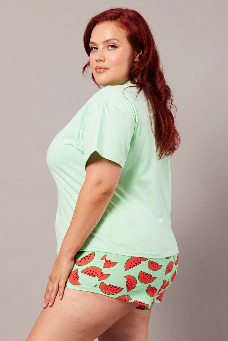 Green Print Graphic Pyjama Set Cute Melon Print Pj - Image 4